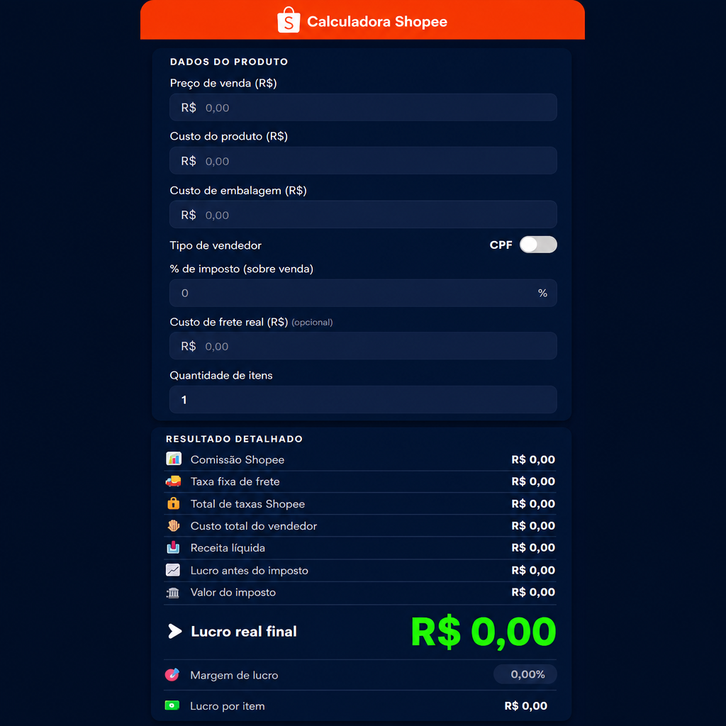 Tela real da calculadora de taxas da Shopee mostrando os campos e o resultado do lucro real